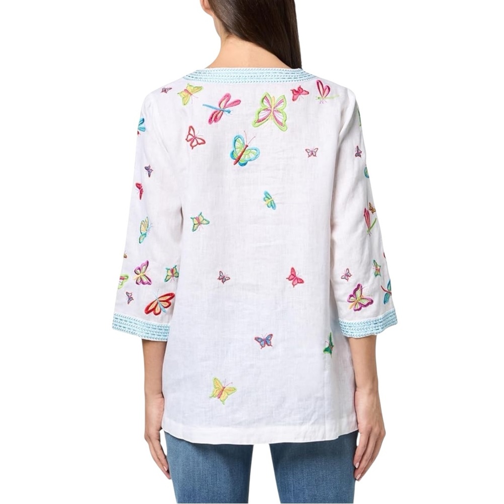 John Mark White Tunic with Multicolor Butterfly Embroidery and Aqua Trim - Picture 4 of 10